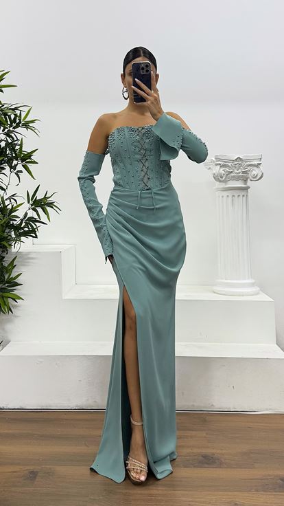 Çağla Straplez İncili Abiye Elbise