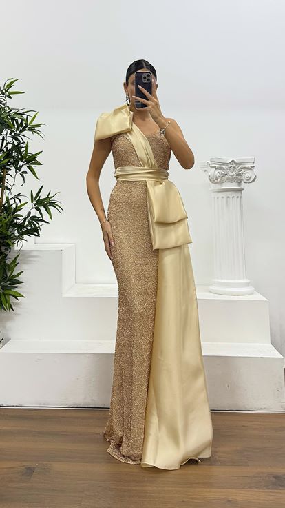 Beige One Shoulder Satin Detail Beaded Evening Dress