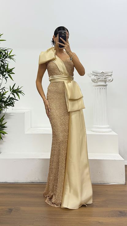 Beige One Shoulder Satin Detail Beaded Evening Dress