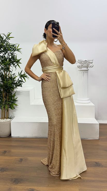 Beige One Shoulder Satin Detail Beaded Evening Dress