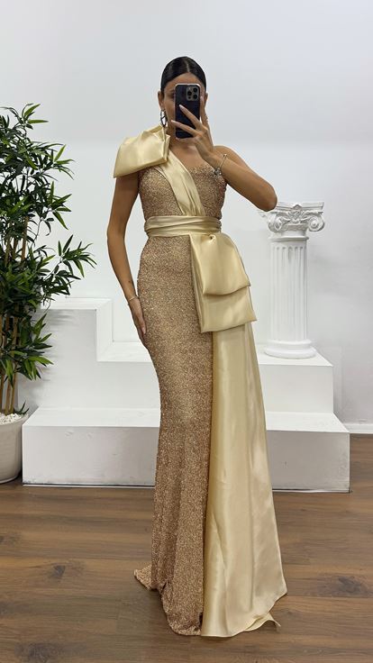 Beige One Shoulder Satin Detail Beaded Evening Dress