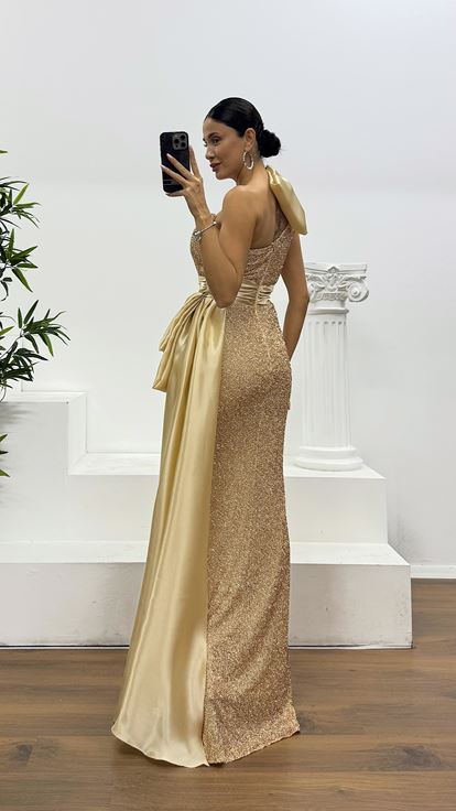 Beige One Shoulder Satin Detail Beaded Evening Dress