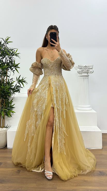 Gold Balloon Sleeve Special Design Evening Dress