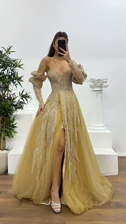 Gold Balloon Sleeve Special Design Evening Dress
