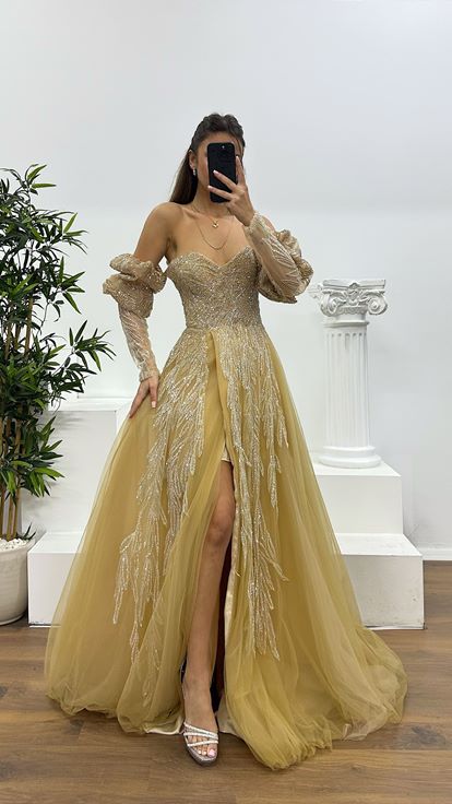 Gold Balloon Sleeve Special Design Evening Dress