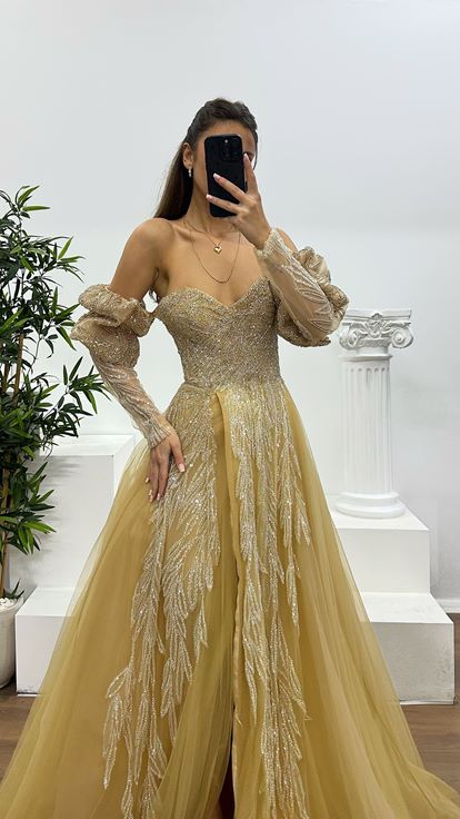 Gold Balloon Sleeve Special Design Evening Dress