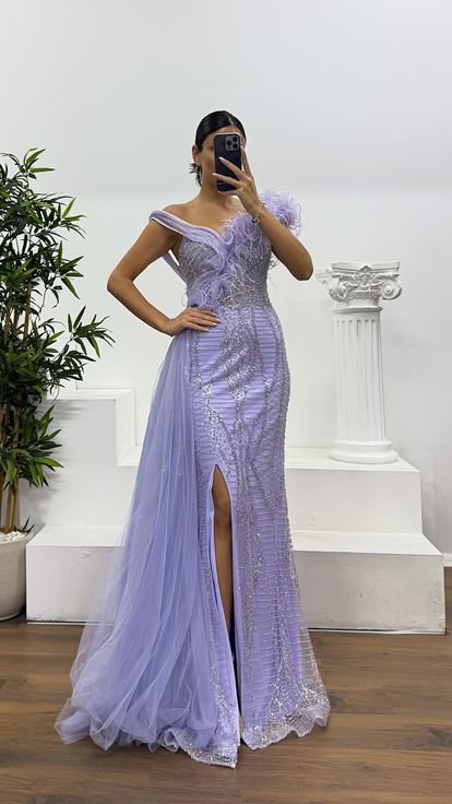 Lilac Embroidered Special Design Evening Dress