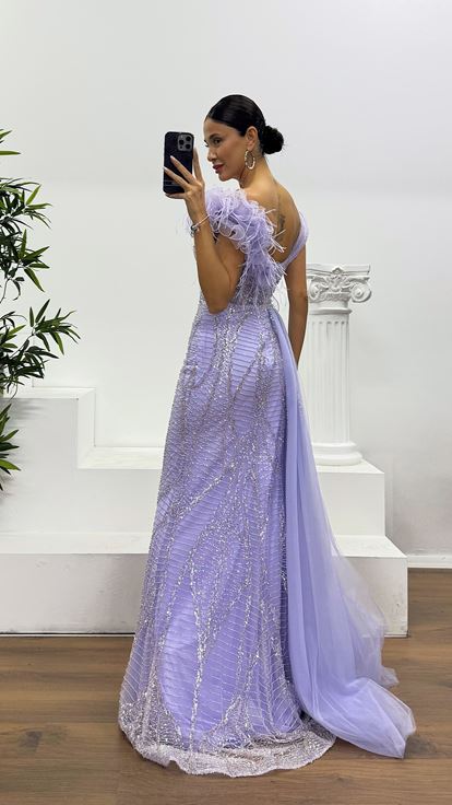 Lilac Embroidered Special Design Evening Dress