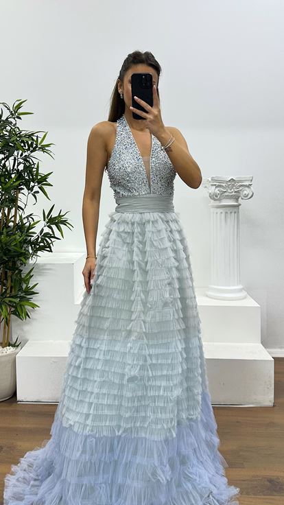 Grey Halter Neck Puffy Special Design Evening Dress