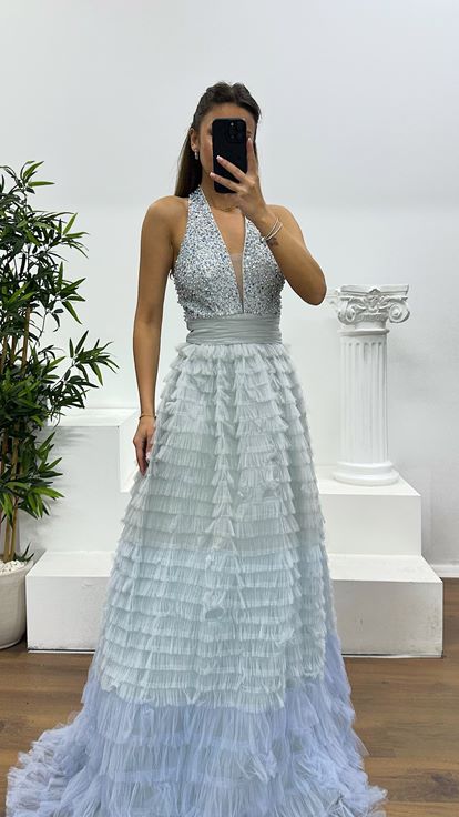 Grey Halter Neck Puffy Special Design Evening Dress