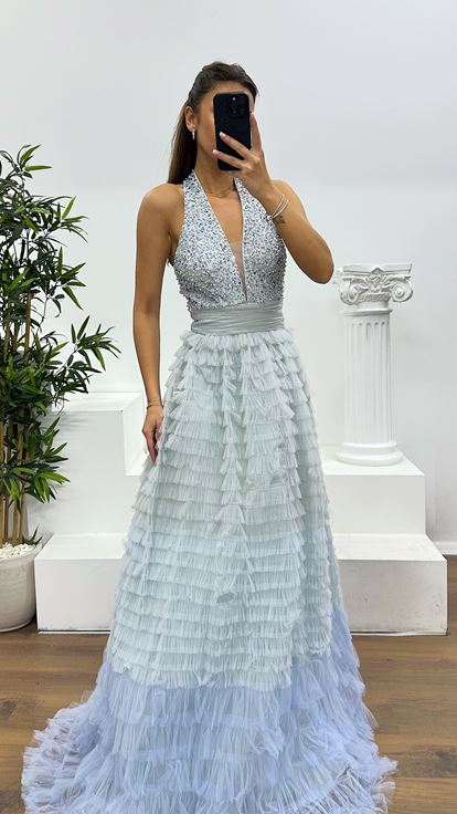 Grey Halter Neck Puffy Special Design Evening Dress