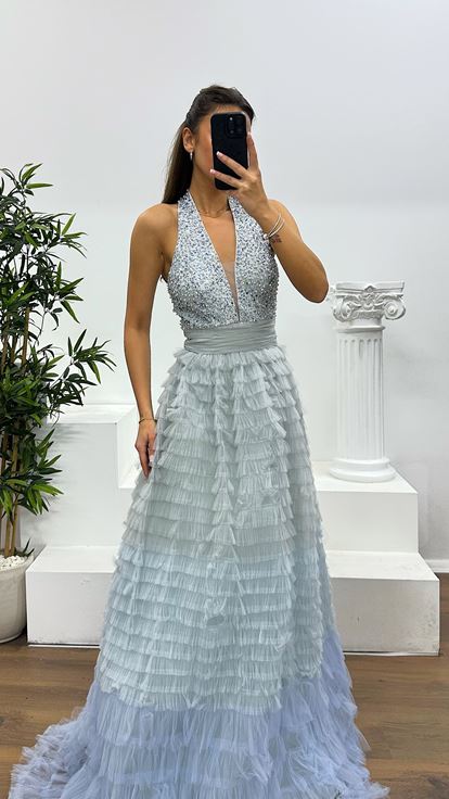 Grey Halter Neck Puffy Special Design Evening Dress