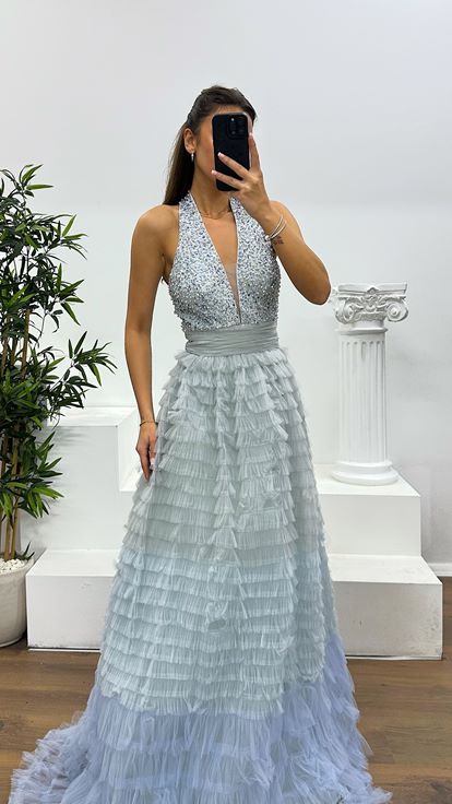 Grey Halter Neck Puffy Special Design Evening Dress