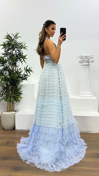 Grey Halter Neck Puffy Special Design Evening Dress