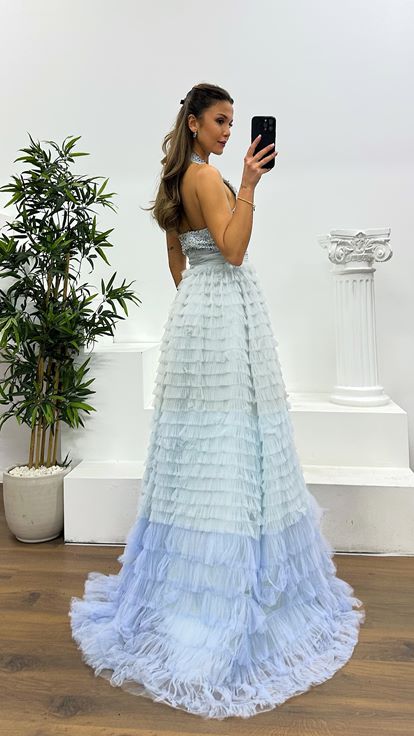 Grey Halter Neck Puffy Special Design Evening Dress