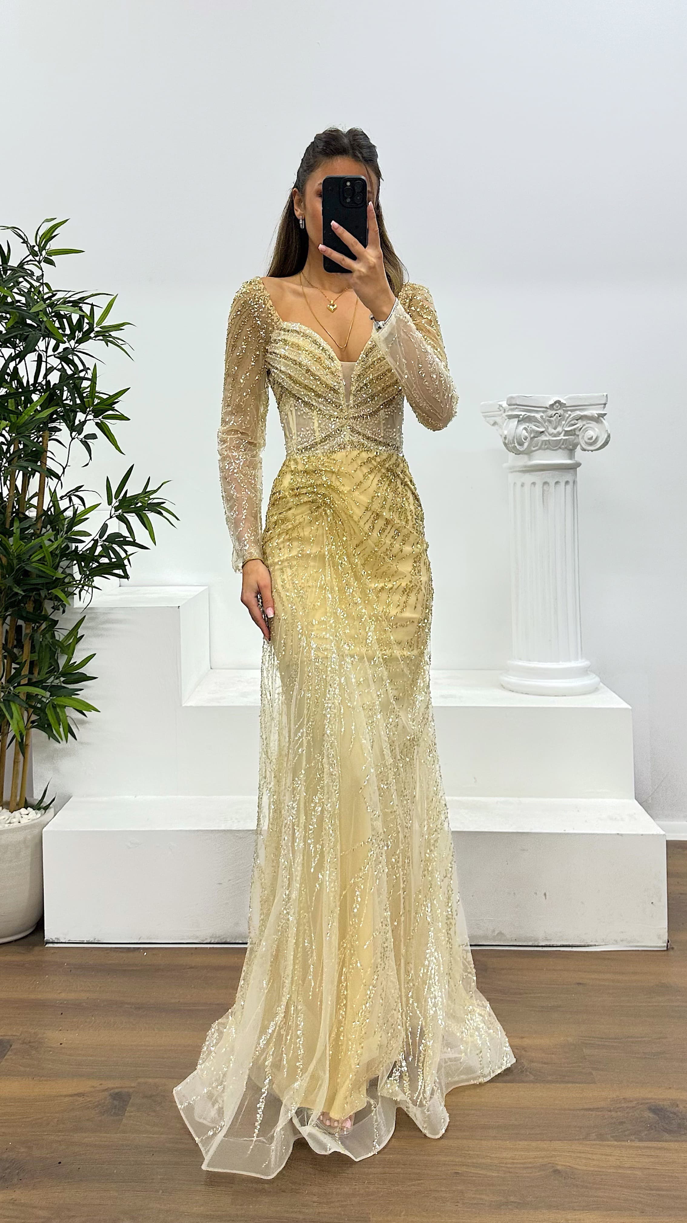 beige dress designer Silver Crystal Embellished Empire-Waist Dress in Beige 5XL / 58 / Matching Embroidered Scarf (24 X 71 Inches)