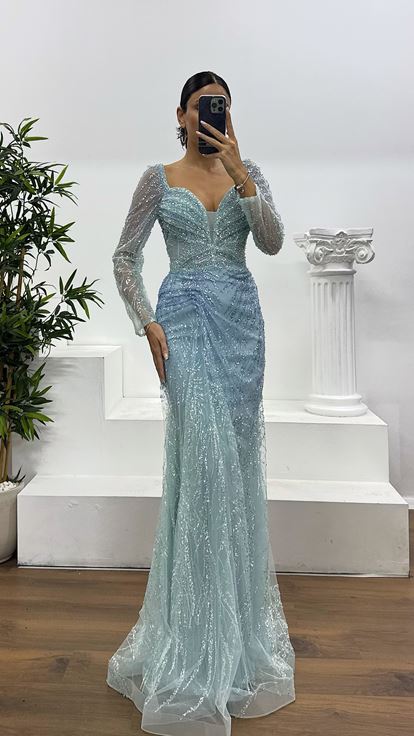 Bebe Mavi Balık Model İşlemeli Özel Tasarım Abiye Elbise