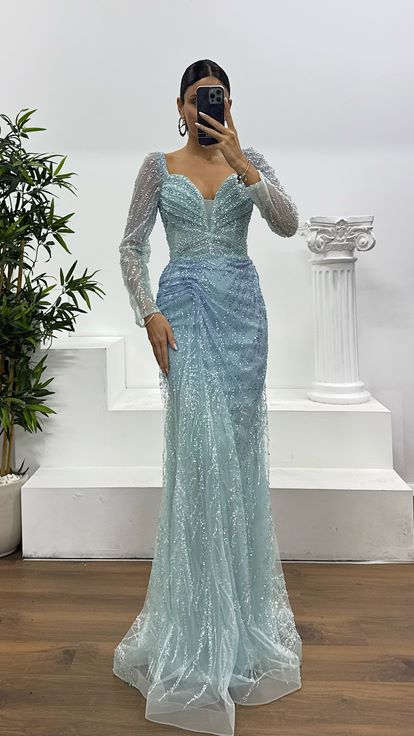 Bebe Mavi Balık Model İşlemeli Özel Tasarım Abiye Elbise
