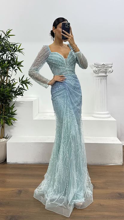 Bebe Mavi Balık Model İşlemeli Özel Tasarım Abiye Elbise
