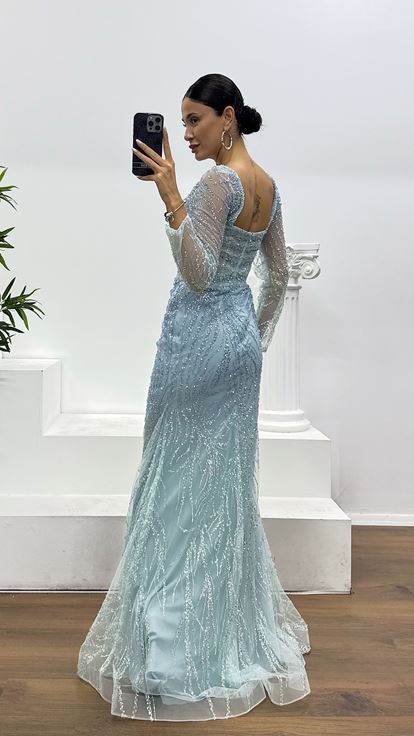 Bebe Mavi Balık Model İşlemeli Özel Tasarım Abiye Elbise
