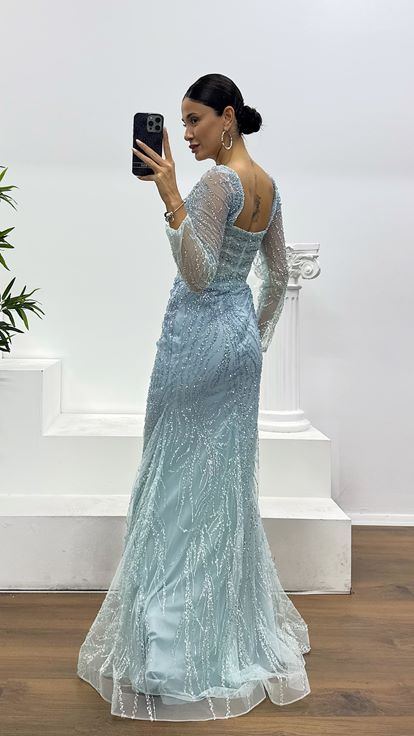 Bebe Mavi Balık Model İşlemeli Özel Tasarım Abiye Elbise