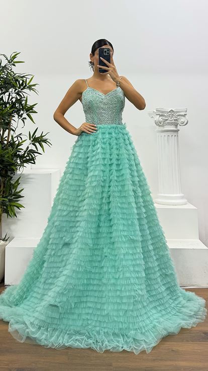Mint Rope Strap Puffy Special Design Evening Dress