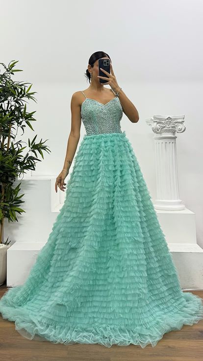 Mint Rope Strap Puffy Special Design Evening Dress