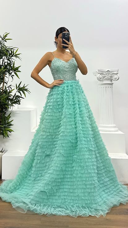 Mint Rope Strap Puffy Special Design Evening Dress