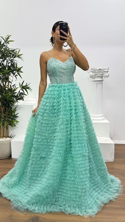 Mint Rope Strap Puffy Special Design Evening Dress