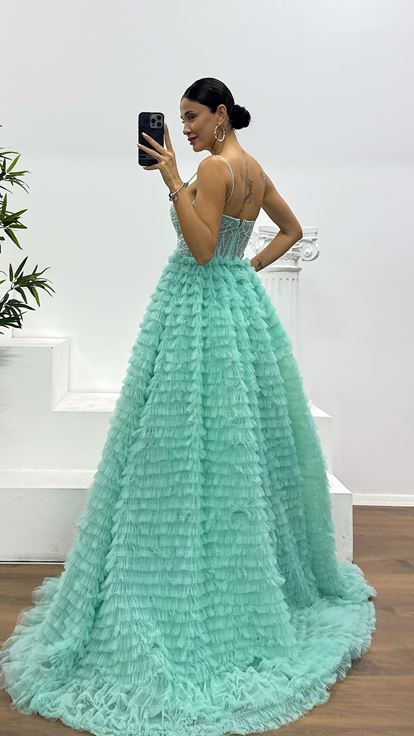 Mint Rope Strap Puffy Special Design Evening Dress