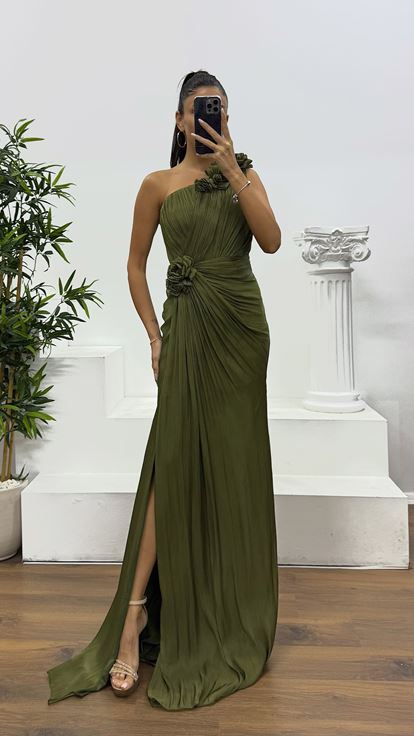 Khaki One Shoulder Floral Detail Evening Dress