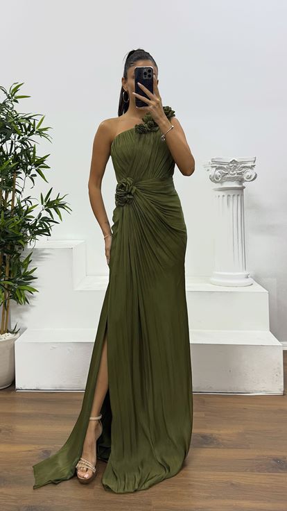 Khaki One Shoulder Floral Detail Evening Dress