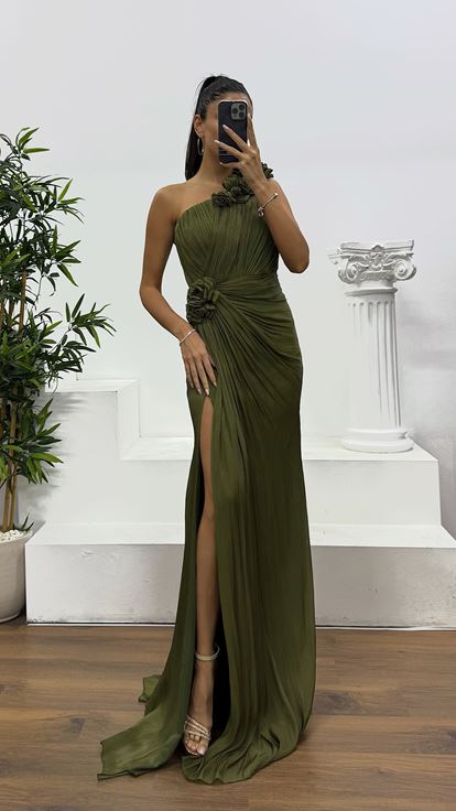Khaki One Shoulder Floral Detail Evening Dress