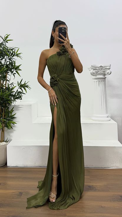 Khaki One Shoulder Floral Detail Evening Dress