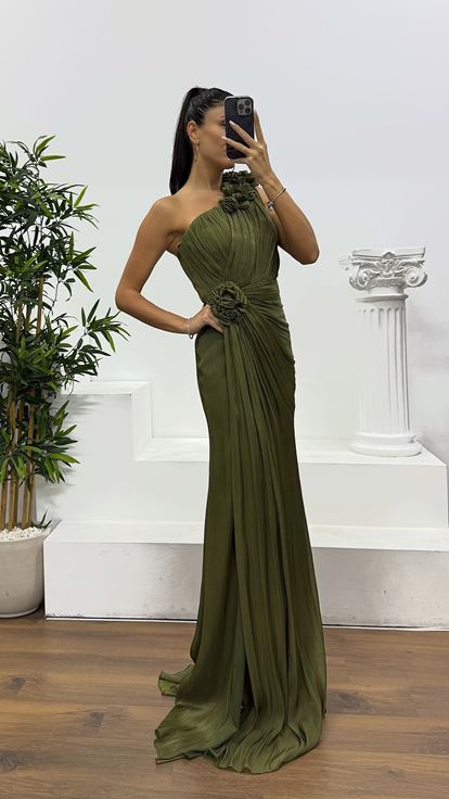 Khaki One Shoulder Floral Detail Evening Dress