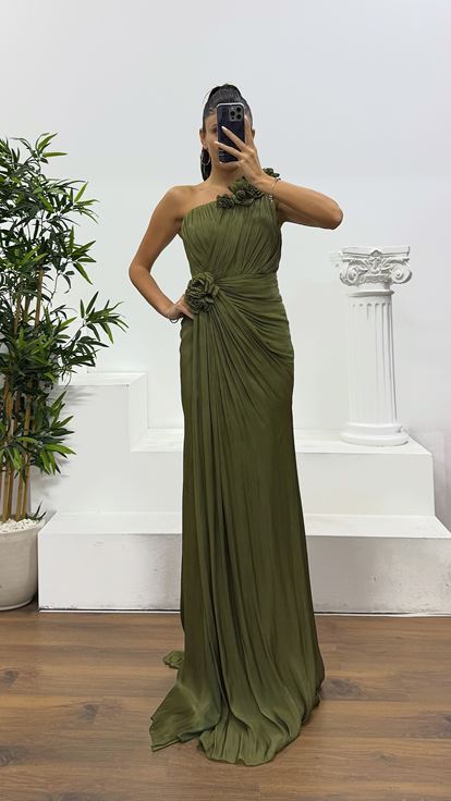 Khaki One Shoulder Floral Detail Evening Dress
