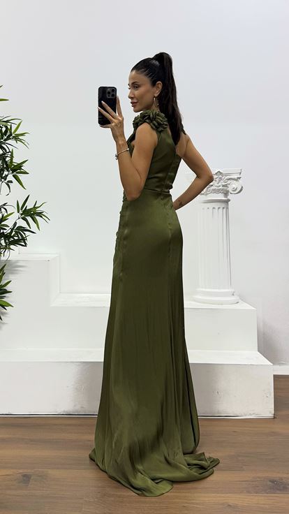 Khaki One Shoulder Floral Detail Evening Dress