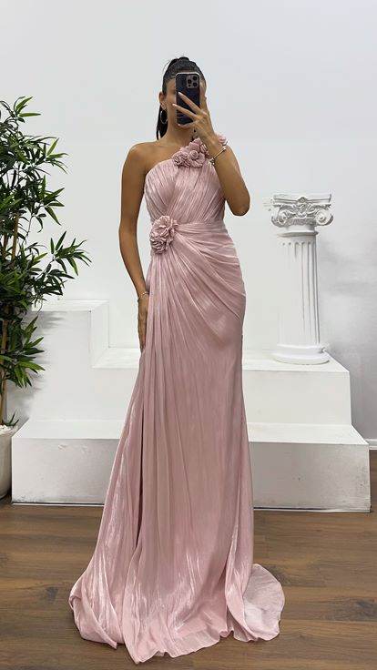 Powder One Shoulder Flower Detail Evening Dress