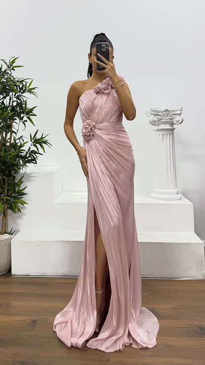 Powder One Shoulder Flower Detail Evening Dress