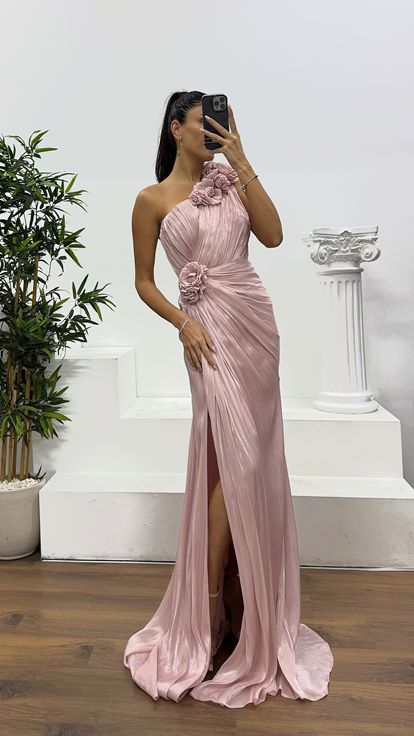Powder One Shoulder Flower Detail Evening Dress