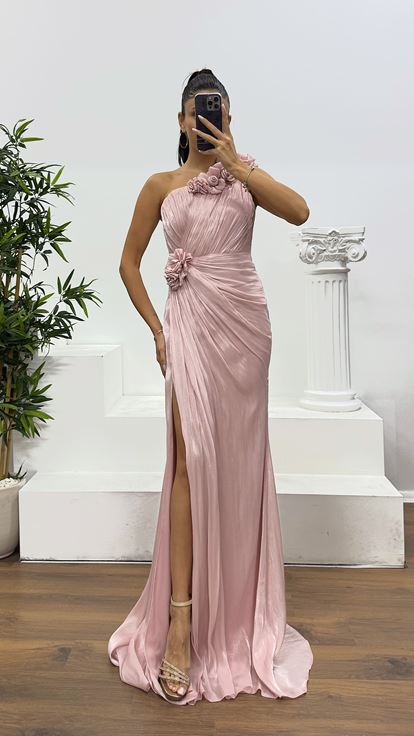 Powder One Shoulder Flower Detail Evening Dress