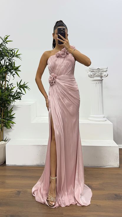 Powder One Shoulder Flower Detail Evening Dress