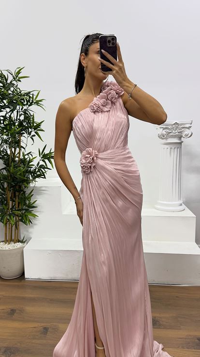 Powder One Shoulder Flower Detail Evening Dress