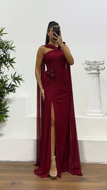 Bordo Çiçek Detay Tül Abiye Elbise