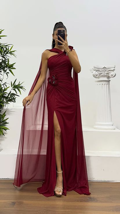 Bordo Çiçek Detay Tül Abiye Elbise