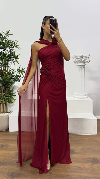 Bordo Çiçek Detay Tül Abiye Elbise