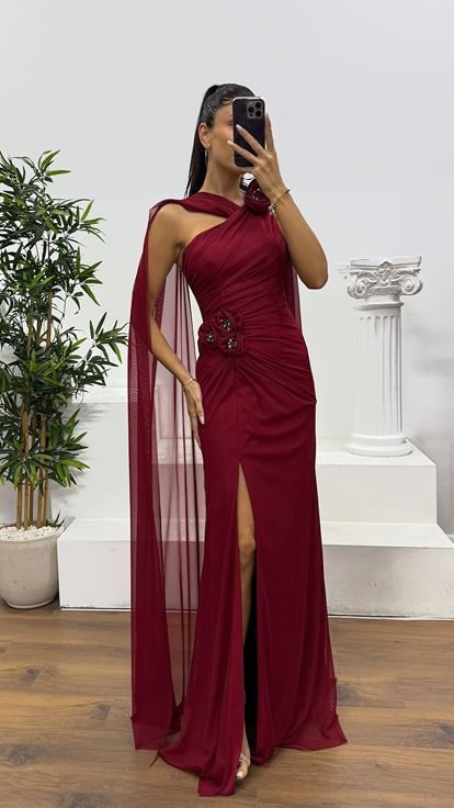 Bordo Çiçek Detay Tül Abiye Elbise