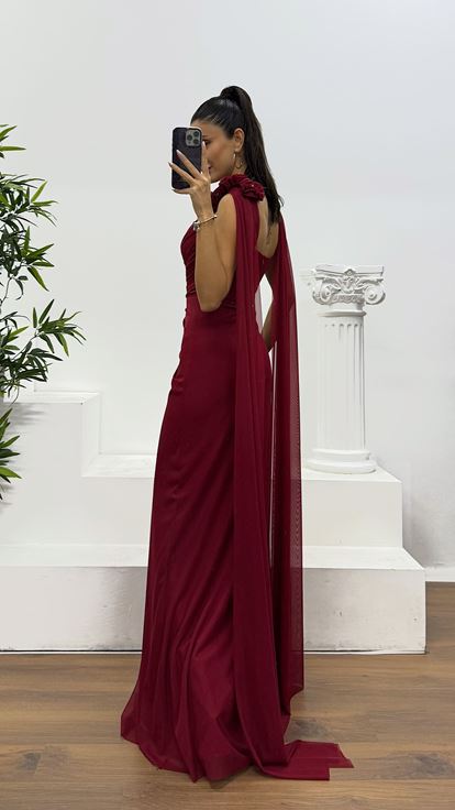 Bordo Çiçek Detay Tül Abiye Elbise