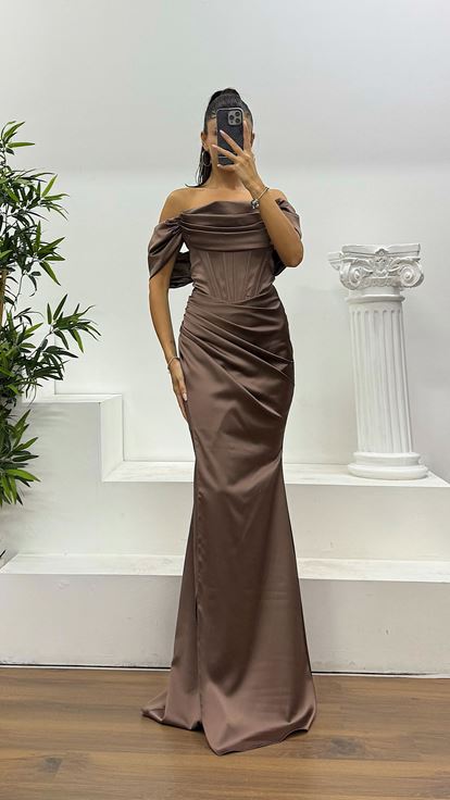 Brown Satin Evening Dress with Rope Straps