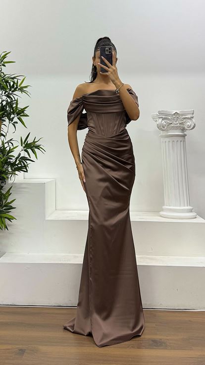 Brown Satin Evening Dress with Rope Straps